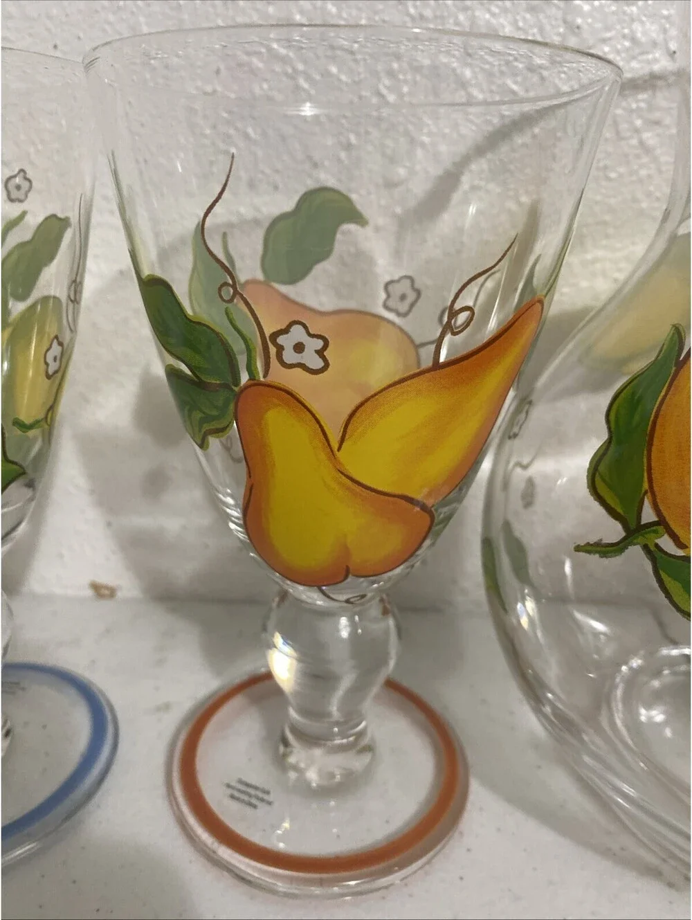 Glass Hand Painted Fruit  Water Juice Pitcher Glasses Fall Summer Colorful Clear
